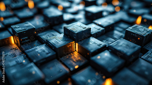 Abstract technology concept with a digital block and cube pattern, symbolizing data, computing, and modern digital structures photo