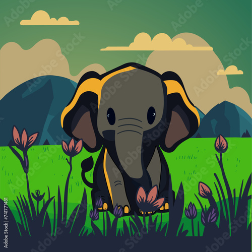 Cute little elephant sitting enjoying in front of some flowers