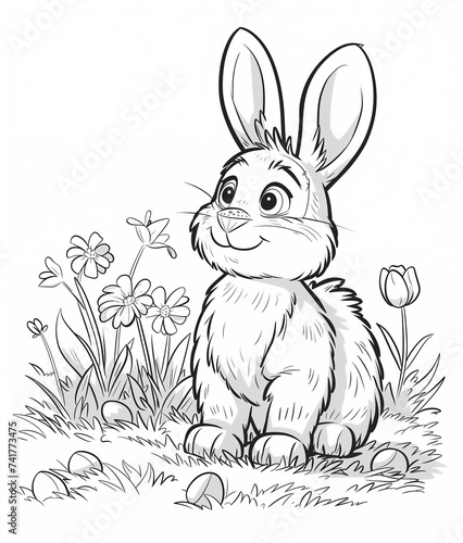 An outline of a cheerful Easter Bunny sitting in a lush flower garden, surrounded by tulips, daisies, and Easter eggs hidden among the foliage. The style is simple and playful, designed for children t