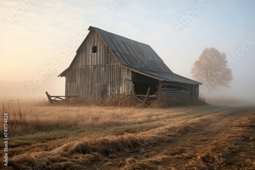 A serene morning scene, as fog delicately enshrouds an aging barn, with a backdrop of whispers from an awakening countryside