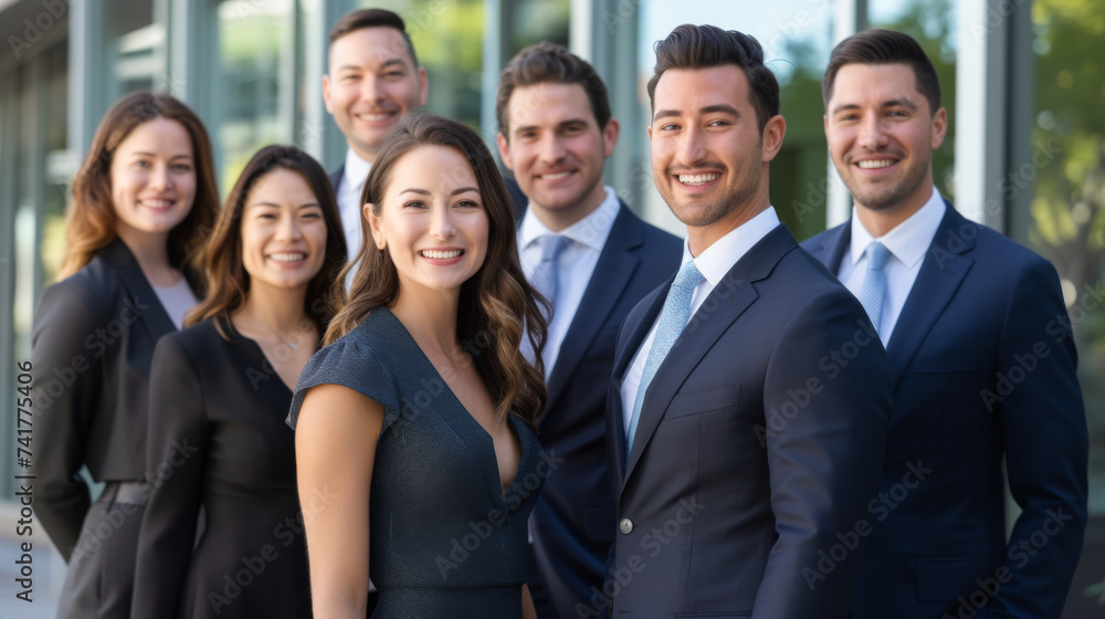 group of professional individuals, likely a business team, standing together and smiling at the camera.