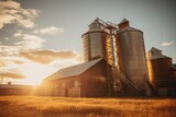 The golden light of dusk blankets a rustic granary and silos, casting long shadows over the surrounding field