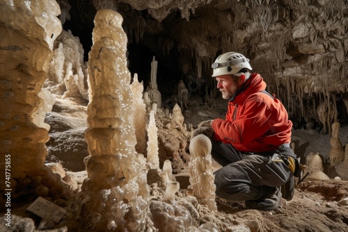 A helmeted speleologist takes a close look at stalagmites and stalagtites in a cave photo