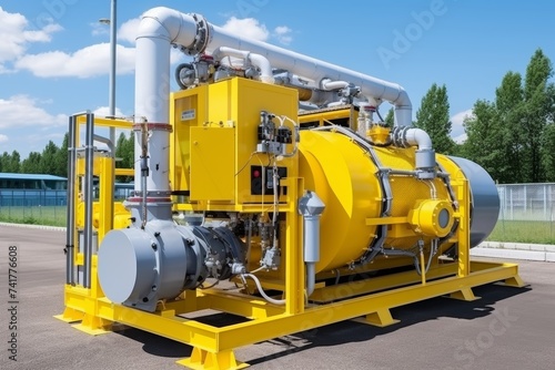 The compressor gas pumping unit is yellow in block design. Gas transportation photo