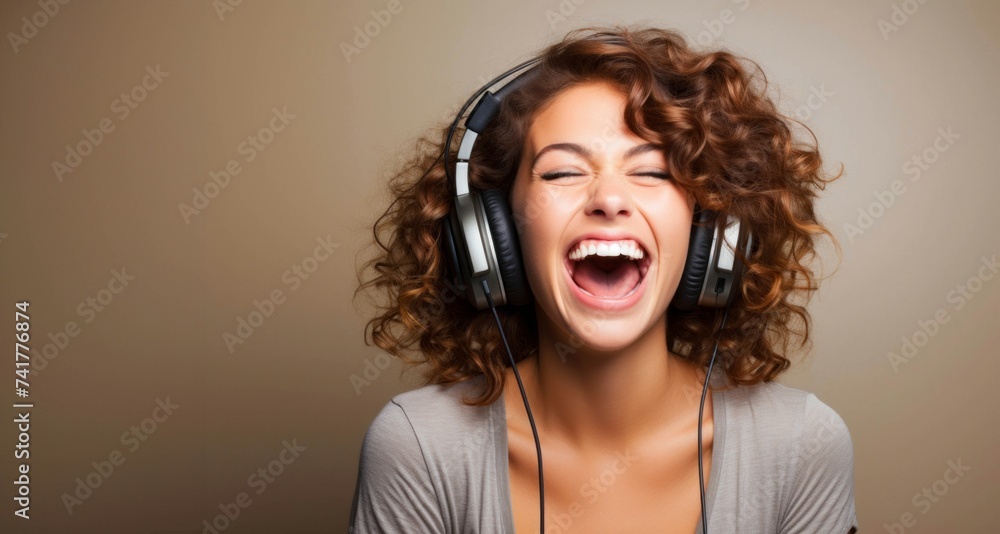 Mujer joven sonriente escuchando música en lo cascos - obrazy, fototapety, plakaty 