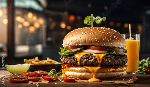 A picture-perfect meal: Close-up of homemade burgers with love accompanied by golden fries embodying pure culinary delight Generative AI image. 
