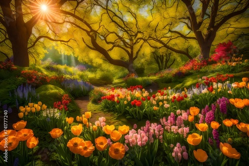 spring in the garden, A serene scene unfolds as vibrant spring flowers bloom against a lush green background, their delicate petals swaying gently in the breeze