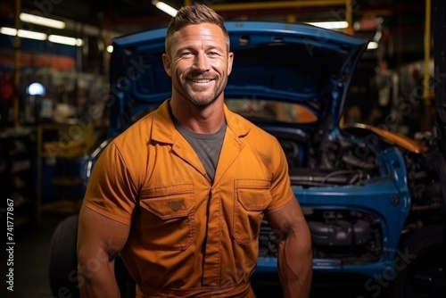 Portrait auto mechanic in orange overalls against background of car being repaired with hood open