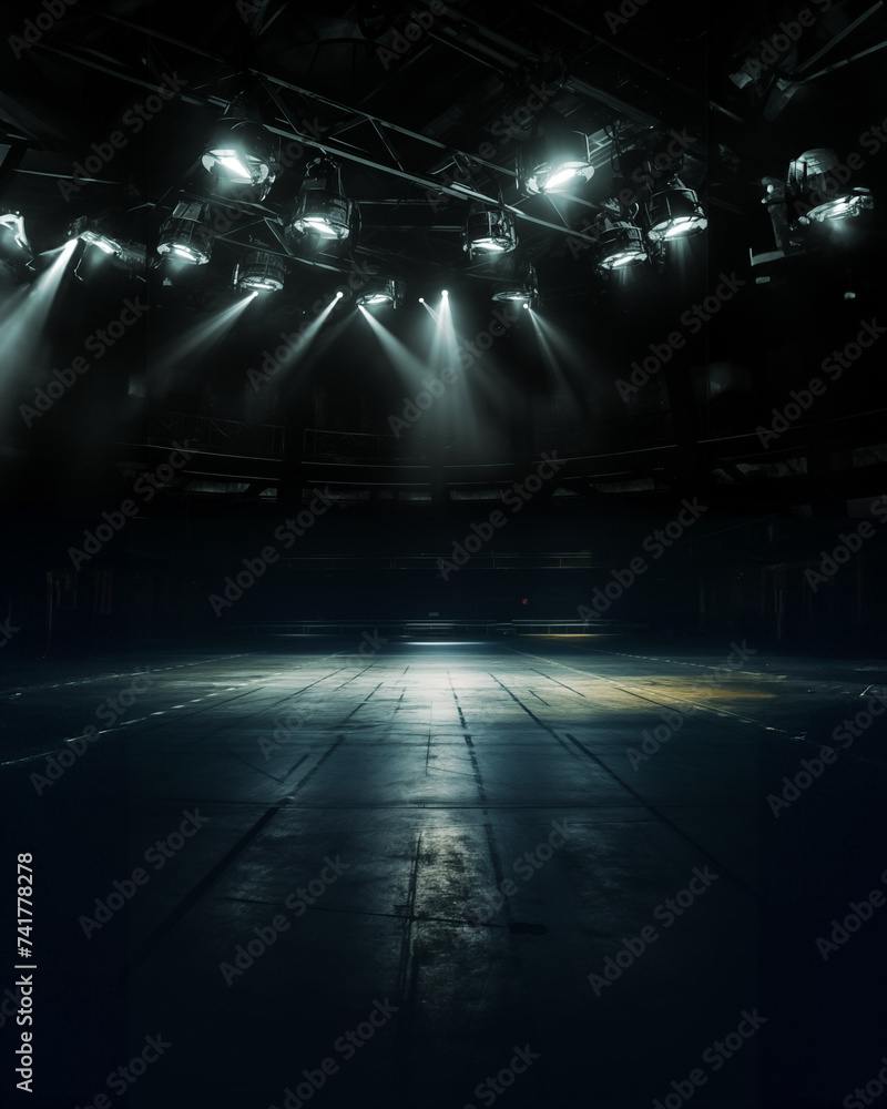Indoor arena spotlights, dramatic atmosphere, ready to fight, competition, suitable for any gym sports, wrestling, dance, gymnastics, martial arts, basketball