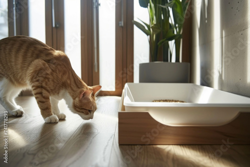 Ginger cat sniffing near a white litter box beside lush houseplants.