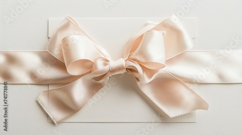 Close-Up of a Note Card with Elegant Ribbon Bow on White Background. Perfect for Greetings, Gifts