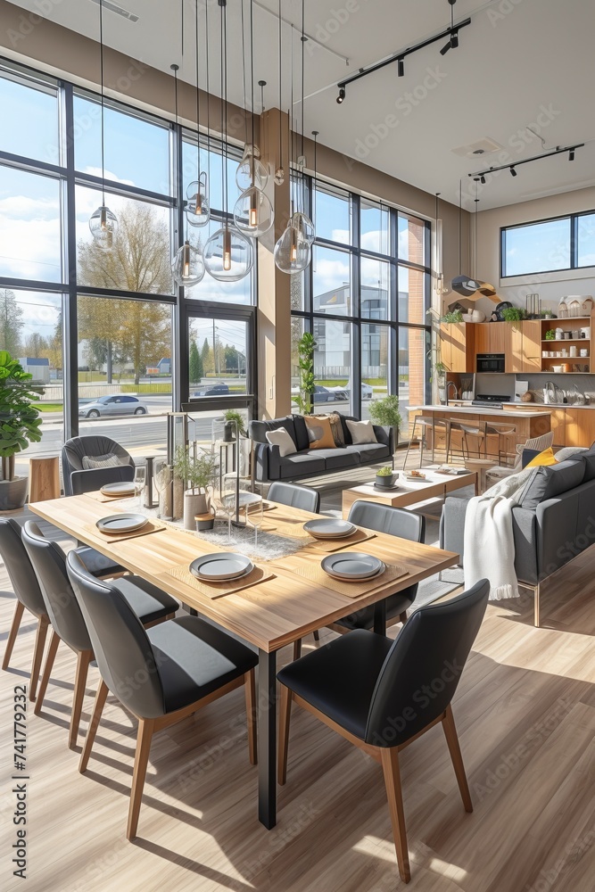 Fototapeta premium An open floor plan living space with a dining table and a living room