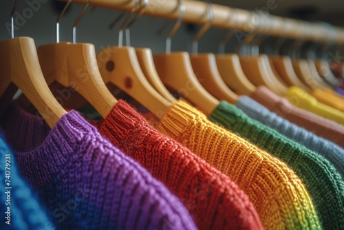 A variety of colorful clothes hang on wooden hangers in a retail store.