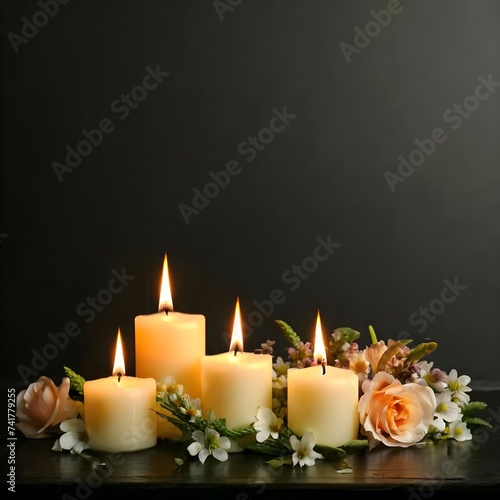 Elegant Ambiance Burning Candles and Blooms Grace a Darkened Canvas