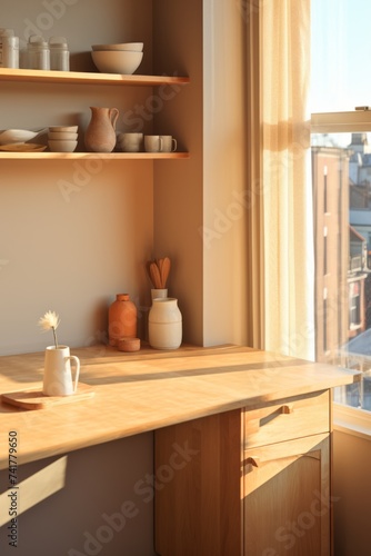 Sunlight shining through a window onto a wooden table and shelves with ceramic objects © Adobe Contributor