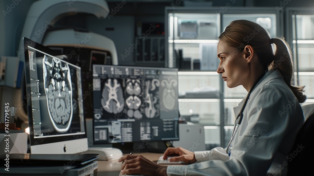 Real Radiologists Computer Radiologist Analyzing Brain MRI Scans on Computer in Modern Lab Stock ...