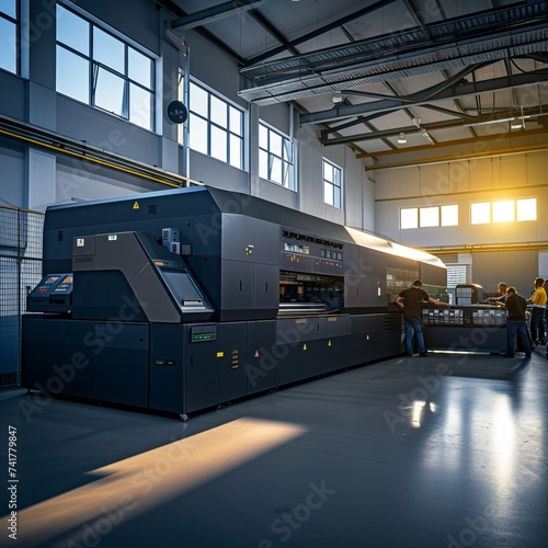 Industrial printing machine in a large print shop with workers photo