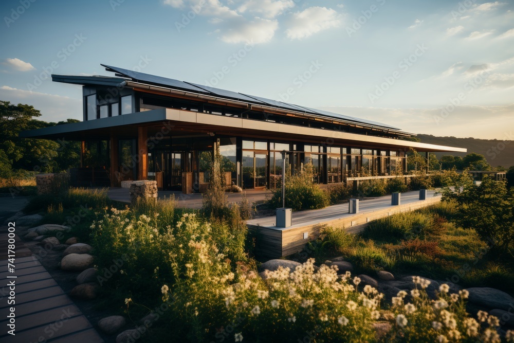 Eco-friendly modern house with solar panels during a beautiful sunset, highlighting sustainable living.