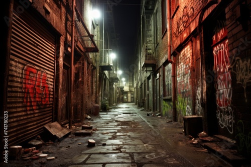 A dark and dirty alleyway with graffiti on the walls and trash on the ground