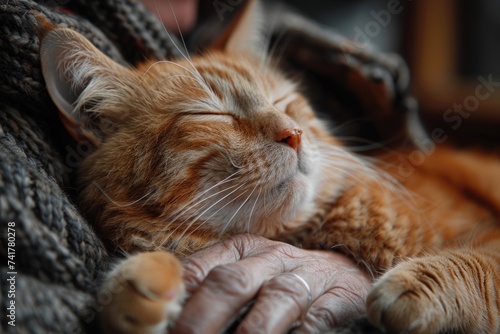 Ginger cat relishing a caring human touch, eyes closed in comfort.