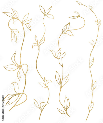 Hand drawn twigs with leaves, golden outlines, isolated illustration, wedding stationery element