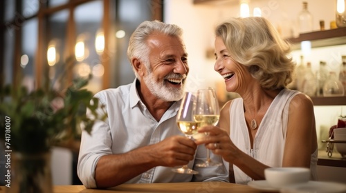 Happy senior couple toasting with white wine