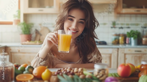 Smiling young woman drinking orange juice in the kitchen