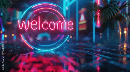 Futuristic Neon Welcome Sign with Holographic Effects in Urban Setting