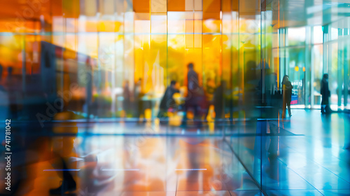 Blurred office with people working behind glass wall