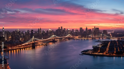 New York City skyline at sunrise with the Manhattan and Brooklyn Bridges in the foreground