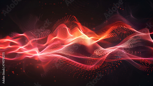 Abstract red particle background. Flow wave with dot landscape. Digital data structure. Future mesh or sound grid. Pattern point visualization. Technology vector illustration