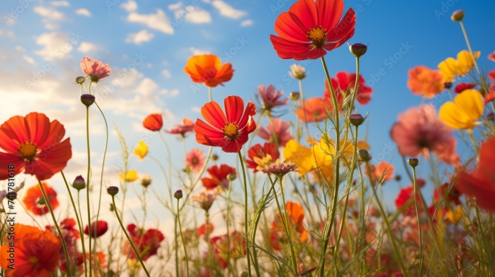 Fototapeta premium Field of red, yellow, and pink cosmos flowers in full bloom under a blue sky