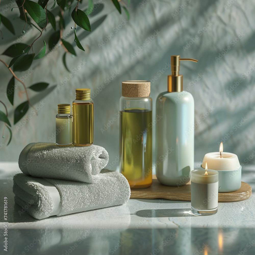 Spa skin care product set decoration, towel candle, oil bottle with nature light for background. Spa skin care product set decoration, towel candle, oil bottle with nature light for background.