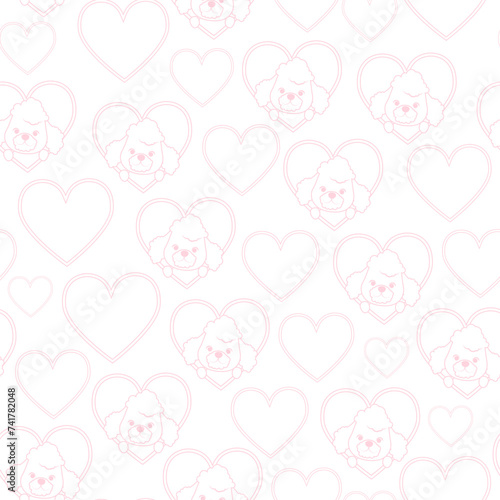 Delicate pink seamless pattern of linear poodles and hearts