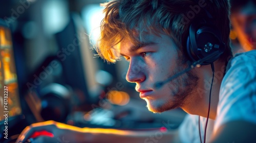 Focused young gamer playing video games on his computer