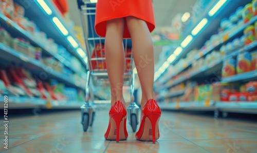 A close up shot of a woman wearing red high heels shoes, pushing a shopping cart in a grocery store