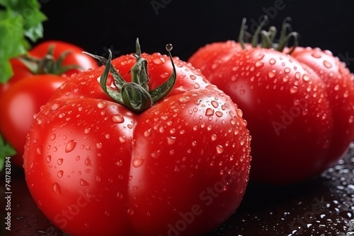 Three red tomatoes with water drops on a black background © Adobe Contributor
