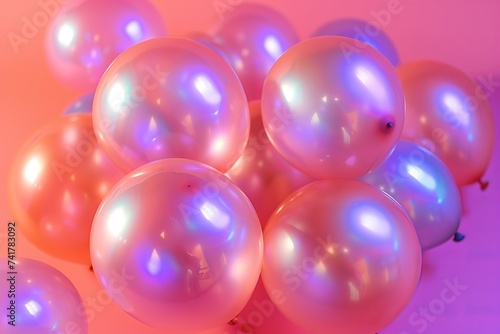 A cluster of pink balloons with iridescent highlights on a pink background.