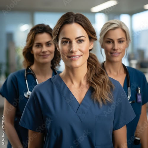 Three female doctors in blue scrubs smiling at the camera