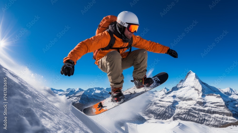 A snowboarder jumps over a snowy mountain peak with Matterhorn in the distance