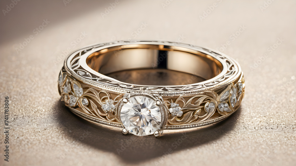 Wedding ring with diamonds on a beige background, close up Wedding ring with diamonds on a beige background, close up