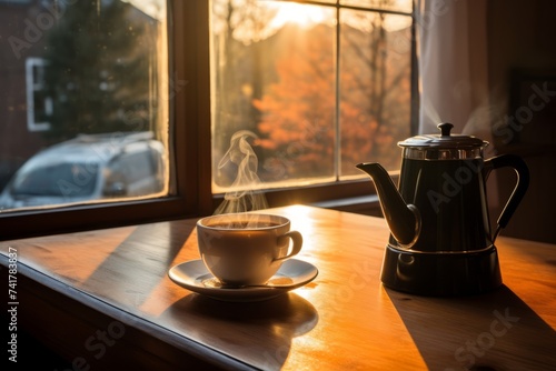 A steaming cup of tea on a wooden table in front of a window © Adobe Contributor