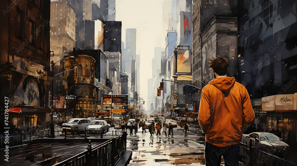 A dramatic image of an artist standing in the middle of a street, absorbed in drawing a self-portrait on a whiteboard, the surrounding buildings and bustling traffic adding a sense of urban drama
