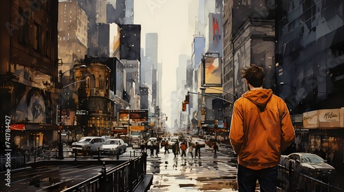 A dramatic image of an artist standing in the middle of a street, absorbed in drawing a self-portrait on a whiteboard, the surrounding buildings and bustling traffic adding a sense of urban drama