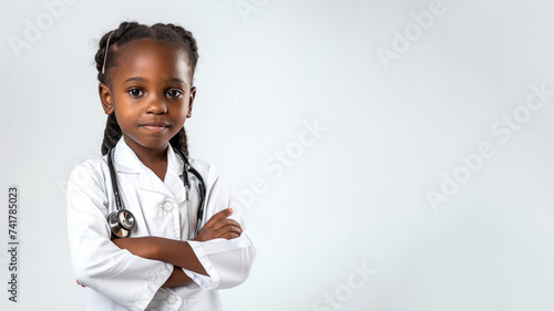a studio portrait of little black girl dressed up as a doctor isolated on white background 