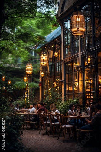 People sitting at tables outside a restaurant © Adobe Contributor