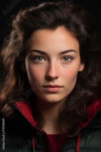 Portrait of a young woman with long brown hair and green eyes wearing a dark green and red jacket