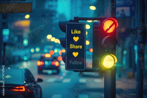 Rainy city with traffic lights and a sign with "Like, Share, Follow"