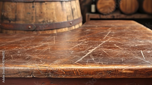 Old wooden table with scratches and a barrel in the background photo