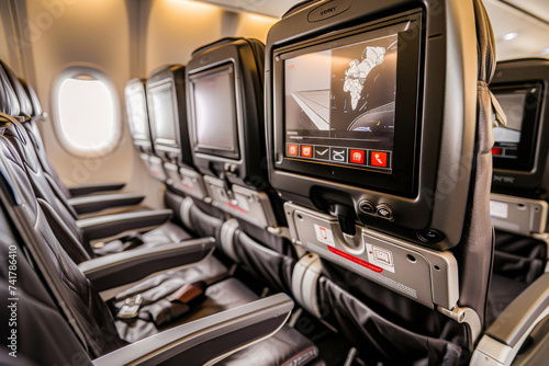 Airplane cabin interior with screens on the back of seats showing in-flight entertainment system during a flight.